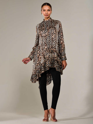 Dipped Hem Shirt Midi Dress, Brown Animal