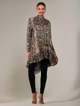Dipped Hem Shirt Midi Dress, Brown Animal