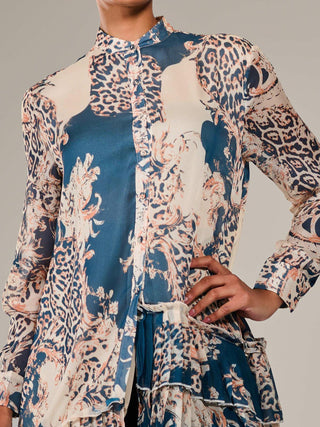 Dipped Hem Shirt Midi Dress, Teal Animal
