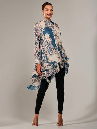 Dipped Hem Shirt Midi Dress, Teal Animal