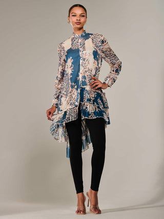 Dipped Hem Shirt Midi Dress, Teal Animal