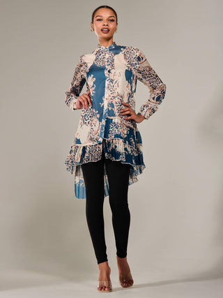 Dipped Hem Shirt Midi Dress, Teal Animal