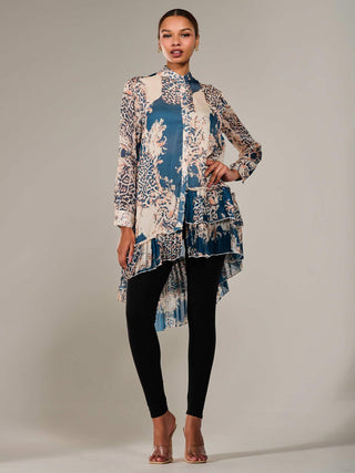Dipped Hem Shirt Midi Dress, Teal Animal