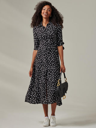 Nora Print Viscose Maxi Shirt Dress, Black Spot