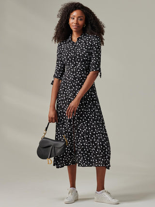 Nora Print Viscose Maxi Shirt Dress, Black Spot