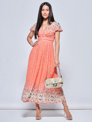 Mirrored Floral Print Mesh Maxi Dress, Orange Multi