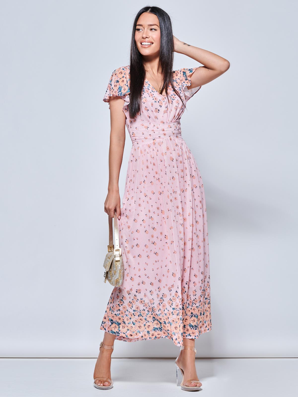 Mirrored Floral Print Mesh Maxi Dress, Pink Multi