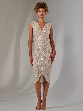 Aisla Ruched Sequin Bodycon Dress, Beige Silver