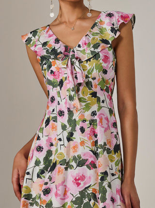 Frill V Neck Midaxi Dress, Multi Floral