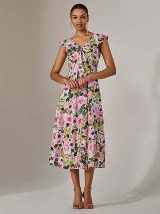 Frill V Neck Midaxi Dress, Multi Floral