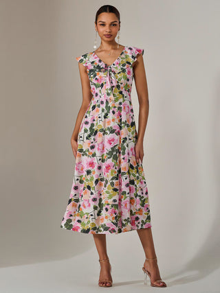 Frill V Neck Midaxi Dress, Multi Floral