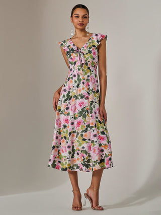 Frill V Neck Midaxi Dress, Multi Floral