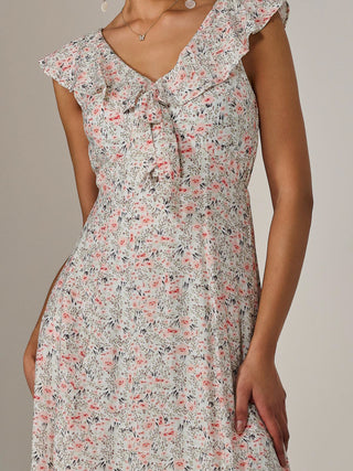 Frill V Neck Midaxi Dress, Pink Abstract