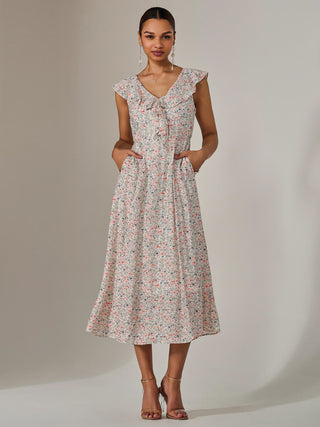 Frill V Neck Midaxi Dress, Pink Abstract