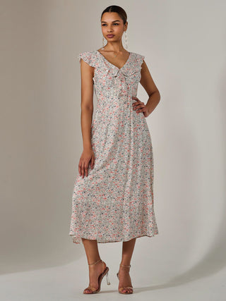 Frill V Neck Midaxi Dress, Pink Abstract
