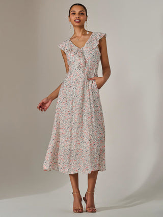 Frill V Neck Midaxi Dress, Pink Abstract