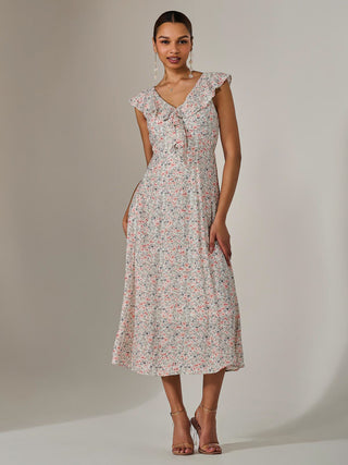 Frill V Neck Midaxi Dress, Pink Abstract