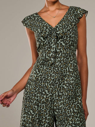 Frill Tie-front Jumpsuit, Green Leopard