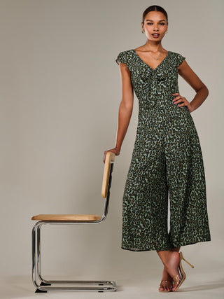Frill Tie-front Jumpsuit, Green Leopard