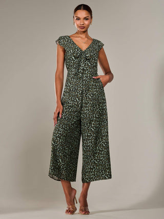 Frill Tie-front Jumpsuit, Green Leopard