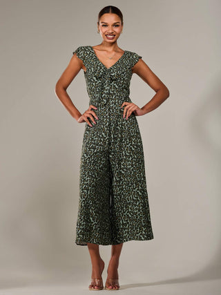 Frill Tie-front Jumpsuit, Green Leopard