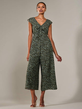 Frill Tie-front Jumpsuit, Green Leopard