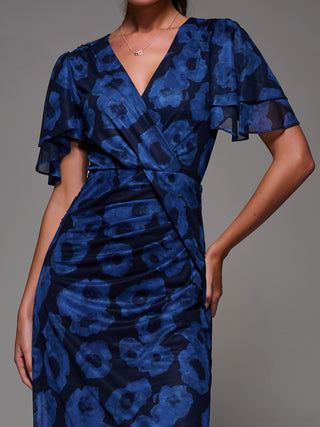 Angel Sleeve Draped Mesh Maxi Dress, Blue Abstract