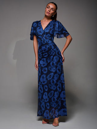 Angel Sleeve Draped Mesh Maxi Dress, Blue Abstract