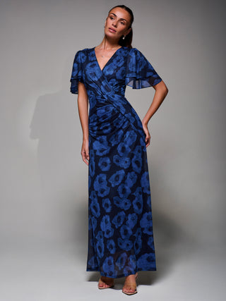 Angel Sleeve Draped Mesh Maxi Dress, Blue Abstract