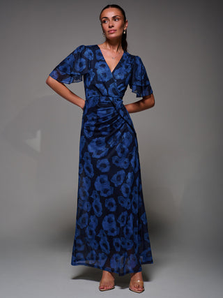 Angel Sleeve Draped Mesh Maxi Dress, Blue Abstract