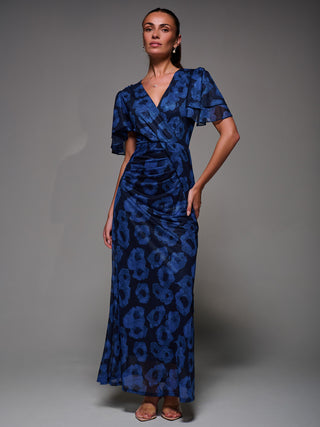 Angel Sleeve Draped Mesh Maxi Dress, Blue Abstract