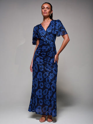 Angel Sleeve Draped Mesh Maxi Dress, Blue Abstract