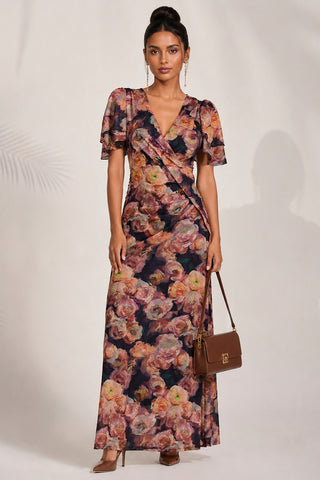 Angel Sleeve Draped Mesh Maxi Dress, Orange Floral