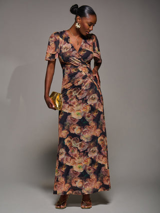 Angel Sleeve Draped Mesh Maxi Dress, Orange Floral