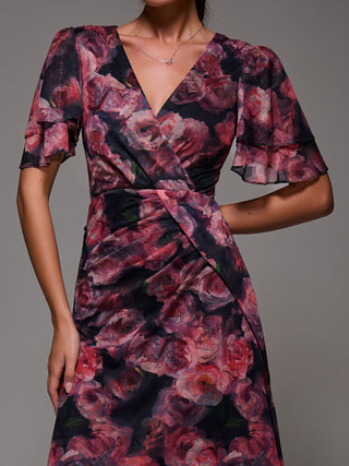 Angel Sleeve Draped Mesh Maxi Dress, Pink Floral