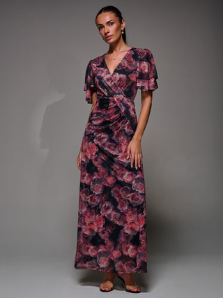 Angel Sleeve Draped Mesh Maxi Dress, Pink Floral