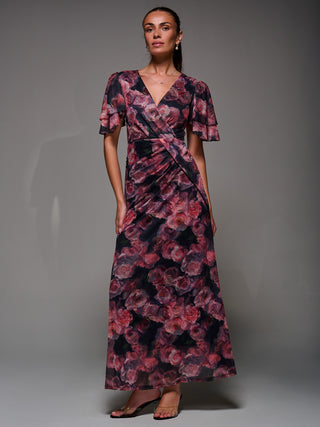 Angel Sleeve Draped Mesh Maxi Dress, Pink Floral