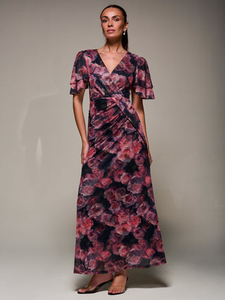 Angel Sleeve Draped Mesh Maxi Dress, Pink Floral