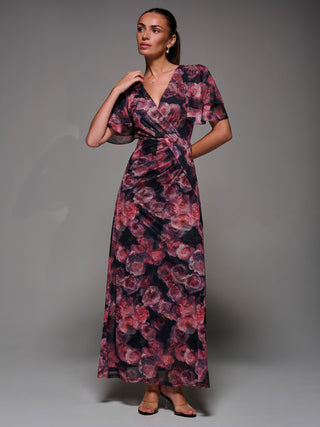Angel Sleeve Draped Mesh Maxi Dress, Pink Floral