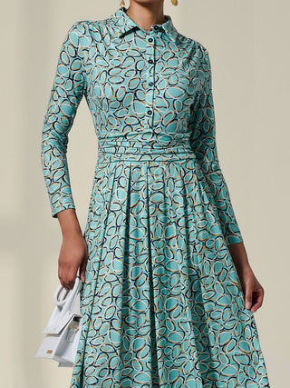 Long Sleeve Button Up Midi Dress, Teal Pattern