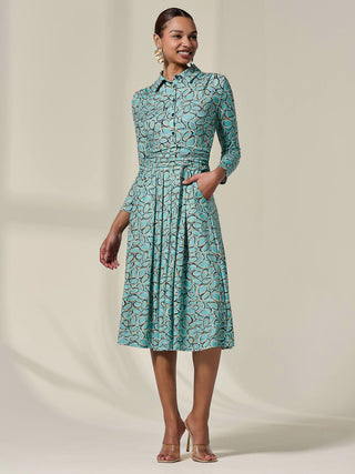 Long Sleeve Button Up Midi Dress, Teal Pattern