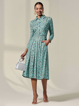 Long Sleeve Button Up Midi Dress, Teal Pattern