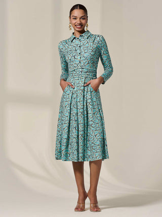 Long Sleeve Button Up Midi Dress, Teal Pattern
