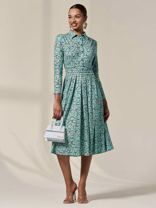 Long Sleeve Button Up Midi Dress, Teal Pattern