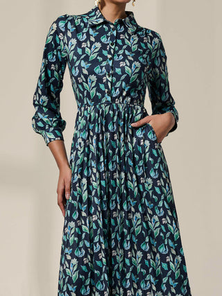 Pleated Button Up Midi Dress, Navy Floral