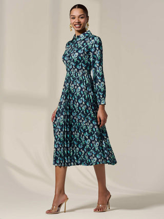 Pleated Button Up Midi Dress, Navy Floral