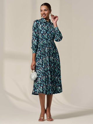 Pleated Button Up Midi Dress, Navy Floral
