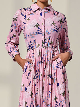 Pleated Button Up Midi Dress, Pink Floral