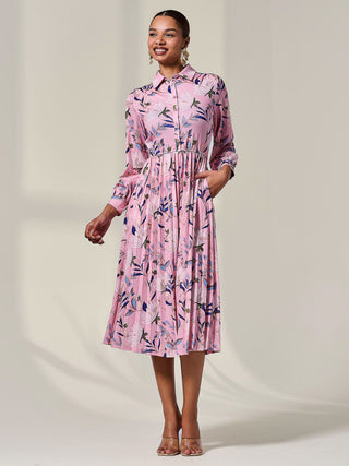 Pleated Button Up Midi Dress, Pink Floral