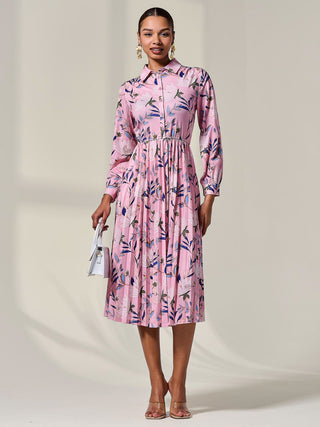 Pleated Button Up Midi Dress, Pink Floral